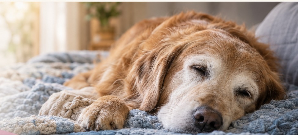 An older dog resting Farewellly on a blanket at home
